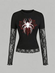SHEIN Teen Girl Teen Girls T-Shirts Early Autumn Black Spider Pattern Knitted Waist Design Contrast Lace 2 In 1 T-Shirt, Suitable For Daily Commute, Back To School Outfit, Gothic Style - Black - View 3