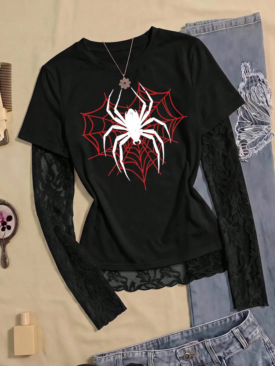 SHEIN Teen Girl Teen Girls T-Shirts Early Autumn Black Spider Pattern Knitted Waist Design Contrast Lace 2 In 1 T-Shirt, Suitable For Daily Commute, Back To School Outfit, Gothic Style - Black - View 1