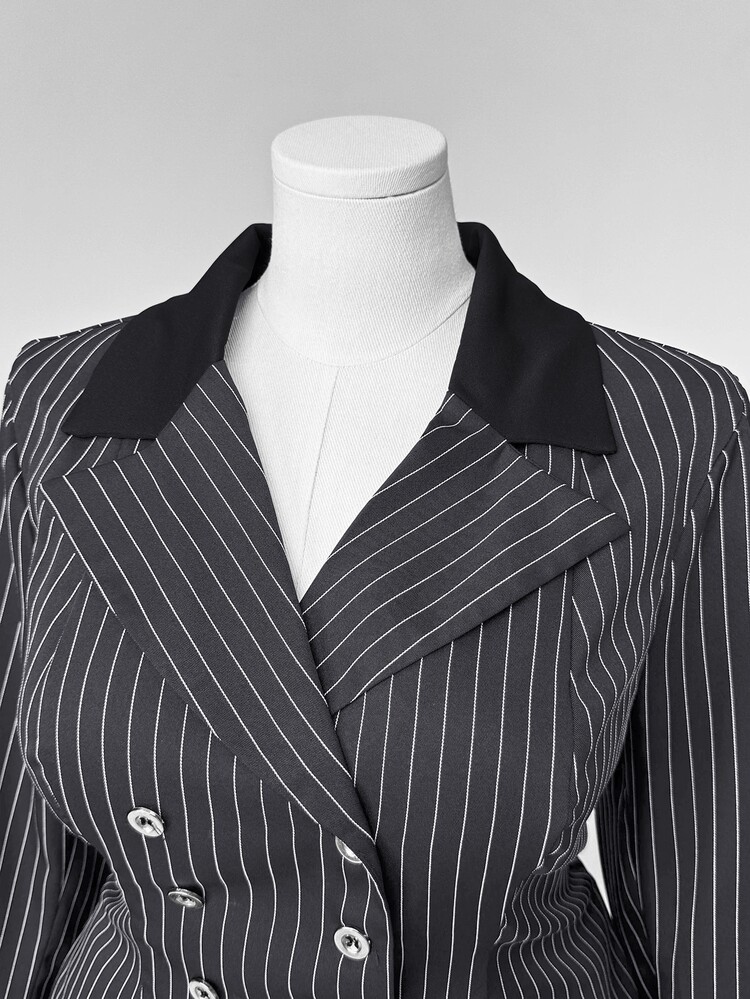 Sunspun Plus Size Women's Striped Double-Breasted Jacket And Skirt Elegant 2 Pieces Set Fall - Multicolor - View 7