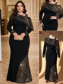Reflora Gaun Pesta/Koktail/Malam Formal Kasual Formal Elegan dengan Desain Blok Warna Hitam dan Emas untuk Wanita Ukuran Plus, Cocok untuk Musim Gugur, dengan Bahu Terbuka dan Warna-warna Elegan. - Hitam - View 2