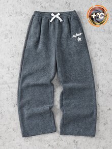 SHEIN 兒童青少年男孩休閒日常百搭舒適灰色水洗做舊效果印花直筒寬鬆運動長褲，適合返校、生日派對、晚會、表演、婚禮、洗禮、開學典禮等場合，舒適適合日常穿著，適用於學校、旅行、運動及四季 - 灰色 - 查看 4