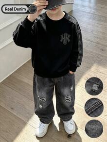 2件組 幼兒男童牛仔拼接刺繡衛衣與破洞牛仔褲套裝，鬆緊腰長褲，秋季休閒兒童生日穿搭 - 黑色 - 查看 5
