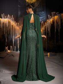 Glamrae Elegant Dark Green Sequin Sequins Sequins Beaded Halter Neck Cut Out Open Back Cape Bodycon Mermaid Train Wedding Guest Prom Autumn Evening Gown - Dark Green - View 5
