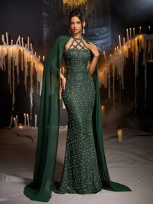Glamrae Elegant Dark Green Sequin Sequins Sequins Beaded Halter Neck Cut Out Open Back Cape Bodycon Mermaid Train Wedding Guest Prom Autumn Evening Gown - Dark Green - View 7