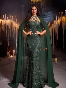Glamrae Elegant Dark Green Sequin Sequins Sequins Beaded Halter Neck Cut Out Open Back Cape Bodycon Mermaid Train Wedding Guest Prom Autumn Evening Gown - Dark Green - View 3