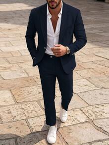 Manfinity Mode Men's Solid Color Casual Business Suit Set, Suitable For Daily Commuting Wear, Also An Ideal Gift For Boyfriend And Husband, Formal, Old Money - Navy Blue - View 4