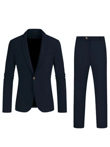 Manfinity Mode Men's Solid Color Casual Business Suit Set, Suitable For Daily Commuting Wear, Also An Ideal Gift For Boyfriend And Husband, Formal, Old Money - Navy Blue - View 3