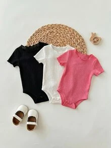SHEIN 女嬰休閒簡約針織彈性純色開襠短袖連身衣 3件套 夏季百搭 黑色 粉色 白色 外出舒適柔軟 - 彩色 - 查看 7