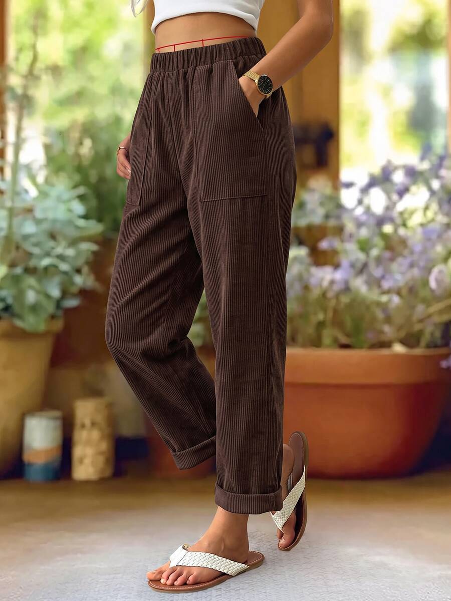 EMERY ROSE Women's Fashion Elastic Waist Pocket Casual Long Pants For Daily Wear Grey Pants Brunch Everyday Work Brunch Everyday Autumn