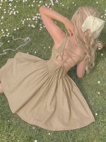 SHEIN MOD Váy thắt nơ hở lưng lãng mạn màu Khaki Dreamy, dành cho các buổi hẹn hò, tiệc tùng, ngày lễ, tiệc trà, sinh nhật - Màu Khaki - Xem 5