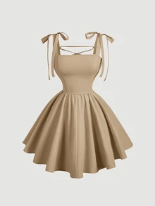SHEIN MOD Váy thắt nơ hở lưng lãng mạn màu Khaki Dreamy, dành cho các buổi hẹn hò, tiệc tùng, ngày lễ, tiệc trà, sinh nhật - Màu Khaki - Xem 6