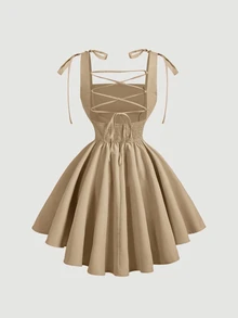 SHEIN MOD Váy thắt nơ hở lưng lãng mạn màu Khaki Dreamy, dành cho các buổi hẹn hò, tiệc tùng, ngày lễ, tiệc trà, sinh nhật - Màu Khaki - Xem 2