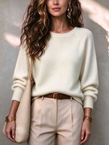 SHEIN Women's Autumn And Winter Knot Soft Regular Casual Loose Solid Color Pullover Sweater, Business Office Outfit, Urban Teacher Professional Outfit - Beige - View 3