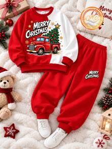 Set Sweatshirt Anak Laki-Laki (Ukuran Besar), Atasan Sweatshirt Blok Warna Merah dan Putih dengan Kerah dan Manset Bergaris, Gambar Truk Pickup Merah Membawa Pohon Natal dengan Teks SELAMAT NATAL dan Dekorasi Kepingan Salju/Bintang, Celana Jogger Merah dengan Slogan Natal Bahasa Inggris yang Serasi di Samping dan Manset Bergaris - MultiWarna - View 2