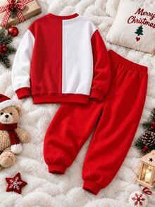 Set Sweatshirt Anak Laki-Laki (Ukuran Besar), Atasan Sweatshirt Blok Warna Merah dan Putih dengan Kerah dan Manset Bergaris, Gambar Truk Pickup Merah Membawa Pohon Natal dengan Teks SELAMAT NATAL dan Dekorasi Kepingan Salju/Bintang, Celana Jogger Merah dengan Slogan Natal Bahasa Inggris yang Serasi di Samping dan Manset Bergaris - MultiWarna - View 3