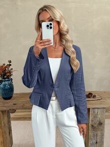 EMERY ROSE Women's Solid Color Single Button Casual Commute Travel Blazer Jacket Office Business Business Navy Blue Autumn - Navy Blue - View 6