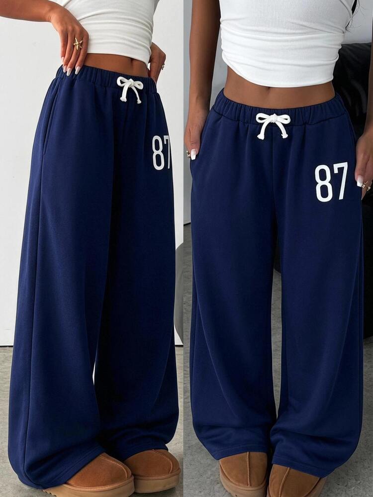 SHEIN Tween Girls Tween Girl Kids Number Print Minimalist Casual Long Pants, Autumn/Winter Tween Girl - Navy Blue - View 11