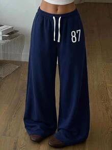 SHEIN 青少年女孩兒童數字印花極簡休閒長褲，秋冬款 - 藏蓝色 - 查看 13