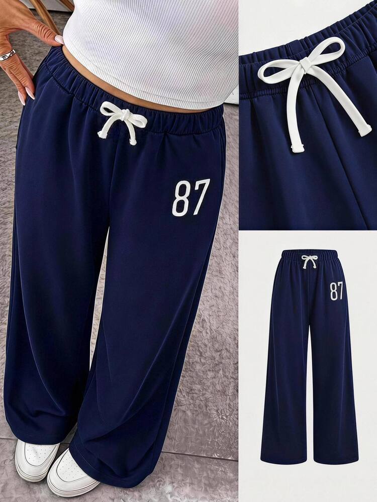 SHEIN Tween Girls Tween Girl Kids Number Print Minimalist Casual Long Pants, Autumn/Winter Tween Girl - Navy Blue - View 2