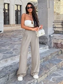 SHEIN بنطال كاجوال نسائي من الكتان بلون موحد وساق واسعة مقاس طويل - بني مخاوي - مشاهدة 3