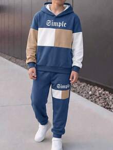 Teen Boy Casual Minimalist Long Sleeve Comfortable Hoodie & Sweatpants 2 Pieces Set, Fleece Lined For Autumn/Winter, Classic Retro Color Block Graphic Print, Cool Street Gothic Text Print - Multicolor - View 3