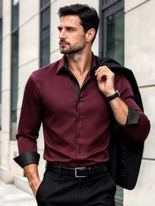 Calvornis Manfinity Mode Men's Long-Sleeve Business Casual Shirt , Premium Embossed Design, Formal, Old Money - Burgundy - View 3