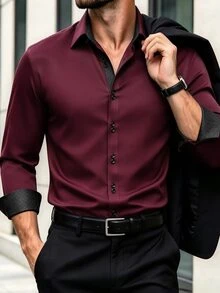 Calvornis Manfinity Mode Men's Long-Sleeve Business Casual Shirt , Premium Embossed Design, Formal, Old Money - Burgundy - View 1
