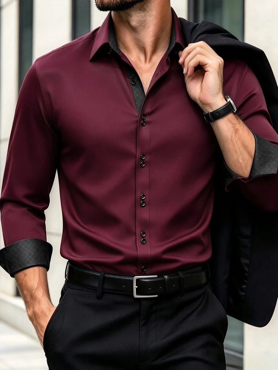 Calvornis Manfinity Mode Men's Long-Sleeve Business Casual Shirt , Premium Embossed Design, Formal, Old Money - Burgundy - View 1