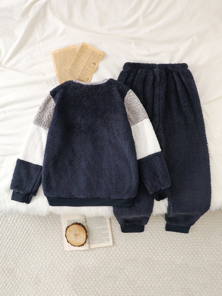 2pcs/Set Boys Knit Crew Neck Grey White Blue Long Sleeve Pants Minimalist Casual Comfortable Soft Double-Sided Fleece Warm Thermal Lined Colorblock Patchwork Loungewear Autumn/Winter - Multicolor - View 2