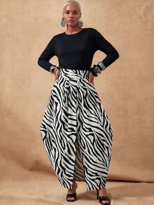 SHEIN Lunessa Women's Elastic Zebra Print Slit Design Fashion Back Waist Gathered Dress - Black and White - View 3