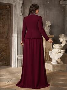 Aureia Plus Size Elegant Romantic Glamorous Burgundy Elastic Knit & Chiffon Patchwork Asymmetrical Hem Diamond Design Long Sleeve 2 In 1 A-Line Maxi Dress For Evening Party, Single Party, Date, Ball, Vacation, Wedding, Formal Event, Evening Gown - Burgundy - View 4