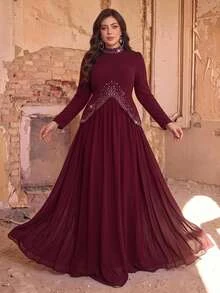 Aureia Plus Size Elegant Romantic Glamorous Burgundy Elastic Knit & Chiffon Patchwork Asymmetrical Hem Diamond Design Long Sleeve 2 In 1 A-Line Maxi Dress For Evening Party, Single Party, Date, Ball, Vacation, Wedding, Formal Event, Evening Gown - Burgundy - View 5