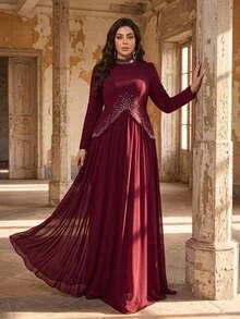 Aureia Plus Size Elegant Romantic Glamorous Burgundy Elastic Knit & Chiffon Patchwork Asymmetrical Hem Diamond Design Long Sleeve 2 In 1 A-Line Maxi Dress For Evening Party, Single Party, Date, Ball, Vacation, Wedding, Formal Event, Evening Gown - Burgundy - View 2