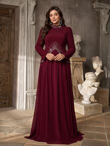 Aureia Plus Size Elegant Romantic Glamorous Burgundy Elastic Knit & Chiffon Patchwork Asymmetrical Hem Diamond Design Long Sleeve 2 In 1 A-Line Maxi Dress For Evening Party, Single Party, Date, Ball, Vacation, Wedding, Formal Event, Evening Gown - Burgundy - View 7