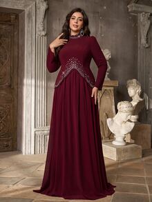 Aureia Plus Size Elegant Romantic Glamorous Burgundy Elastic Knit & Chiffon Patchwork Asymmetrical Hem Diamond Design Long Sleeve 2 In 1 A-Line Maxi Dress For Evening Party, Single Party, Date, Ball, Vacation, Wedding, Formal Event, Evening Gown - Burgundy - View 8