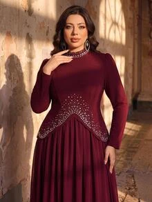 Aureia Plus Size Elegant Romantic Glamorous Burgundy Elastic Knit & Chiffon Patchwork Asymmetrical Hem Diamond Design Long Sleeve 2 In 1 A-Line Maxi Dress For Evening Party, Single Party, Date, Ball, Vacation, Wedding, Formal Event, Evening Gown - Burgundy - View 6