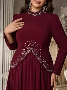 Aureia Plus Size Elegant Romantic Glamorous Burgundy Elastic Knit & Chiffon Patchwork Asymmetrical Hem Diamond Design Long Sleeve 2 In 1 A-Line Maxi Dress For Evening Party, Single Party, Date, Ball, Vacation, Wedding, Formal Event, Evening Gown - Burgundy - View 9