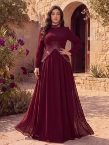 Aureia Plus Size Elegant Romantic Glamorous Burgundy Elastic Knit & Chiffon Patchwork Asymmetrical Hem Diamond Design Long Sleeve 2 In 1 A-Line Maxi Dress For Evening Party, Single Party, Date, Ball, Vacation, Wedding, Formal Event, Evening Gown - Burgundy - View 3