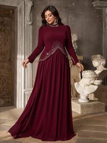 Aureia Plus Size Elegant Romantic Glamorous Burgundy Elastic Knit & Chiffon Patchwork Asymmetrical Hem Diamond Design Long Sleeve 2 In 1 A-Line Maxi Dress For Evening Party, Single Party, Date, Ball, Vacation, Wedding, Formal Event, Evening Gown - Burgundy - View 10