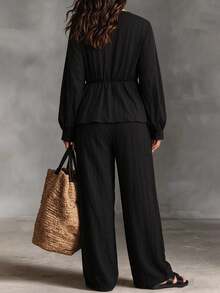 Linhara CURVE Plus Size V-Neck Lace Patchwork Fitted Waist Ruffle Lantern Sleeve Button-Up Top With Pockets And Textured Long Pants 2 Pieces Set Fall - Black - View 2
