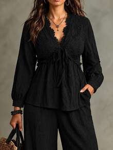 Linhara CURVE Plus Size V-Neck Lace Patchwork Fitted Waist Ruffle Lantern Sleeve Button-Up Top With Pockets And Textured Long Pants 2 Pieces Set Fall - Black - View 3