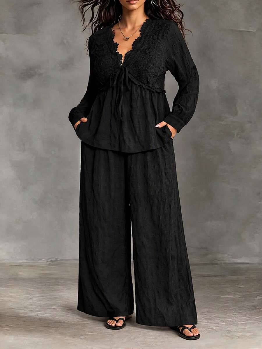 Linhara CURVE Plus Size V-Neck Lace Patchwork Fitted Waist Ruffle Lantern Sleeve Button-Up Top With Pockets And Textured Long Pants 2 Pieces Set Fall - Black - View 1