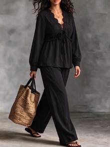 Linhara CURVE Plus Size V-Neck Lace Patchwork Fitted Waist Ruffle Lantern Sleeve Button-Up Top With Pockets And Textured Long Pants 2 Pieces Set Fall - Black - View 5