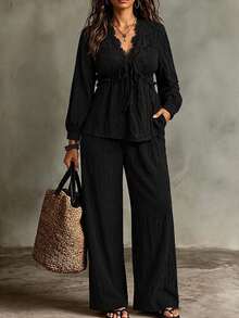 Linhara CURVE Plus Size V-Neck Lace Patchwork Fitted Waist Ruffle Lantern Sleeve Button-Up Top With Pockets And Textured Long Pants 2 Pieces Set Fall - Black - View 4