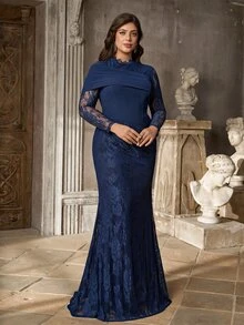 Aureia Plus Size Elegant Fashion Minimalist Navy Blue Lace Round Neck Long Sleeve Asymmetric Shoulder Flattering Ruched Design Mermaid Long Dress, Suitable For Vacation, Evening Party, Wedding Event, Bridesmaid Dress - Navy Blue - View 8