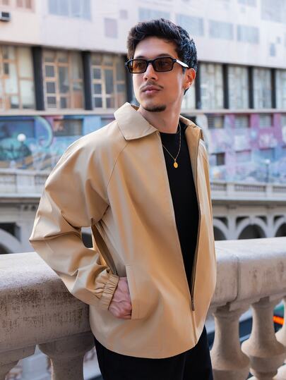 FELIPE ZIMMER FELIPE ZIMMER Men's Autumn Thin Fashion Casual Solid Color Coach Jacket, Simple Versatile Stylish Lapel Men's Outerwear