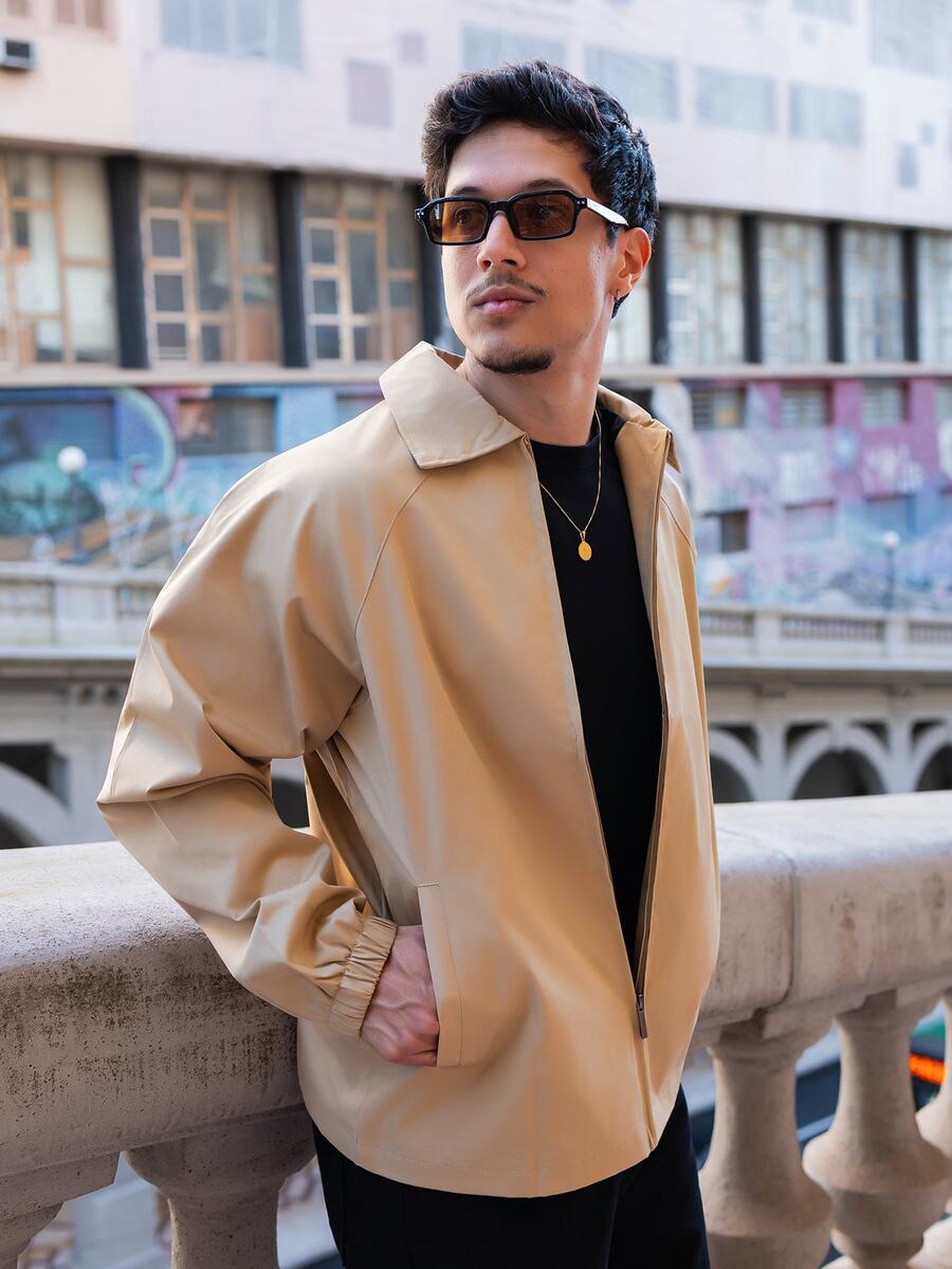 FELIPE ZIMMER FELIPE ZIMMER Men's Autumn Thin Fashion Casual Solid Color Coach Jacket, Simple Versatile Stylish Lapel Men's Outerwear