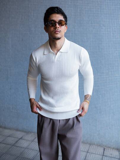 FELIPE ZIMMER FELIPE ZIMMER Men's Solid Color Ribbed Vertical Ribbed Collared Knit Sweater, Simple And Versatile Long Sleeve Top