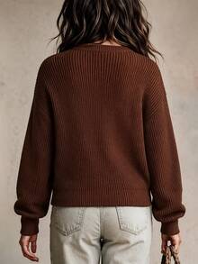 LUMIGAL Women's Solid Color Casual Versatile Daily Wear Long Sleeve Sweater - Brown - View 2