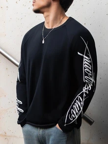 FELIPE ZIMMER FELIPE ZIMMER Men's Crew Neck Raglan Sleeve Handwritten English Print Loose Rolled Hem Long Sleeve T-Shirt, Casual Comfortable Versatile, Suitable For Outings, Commuting, Street Style, Home, Travel, Vacation, Daily Wear - Black - View 4